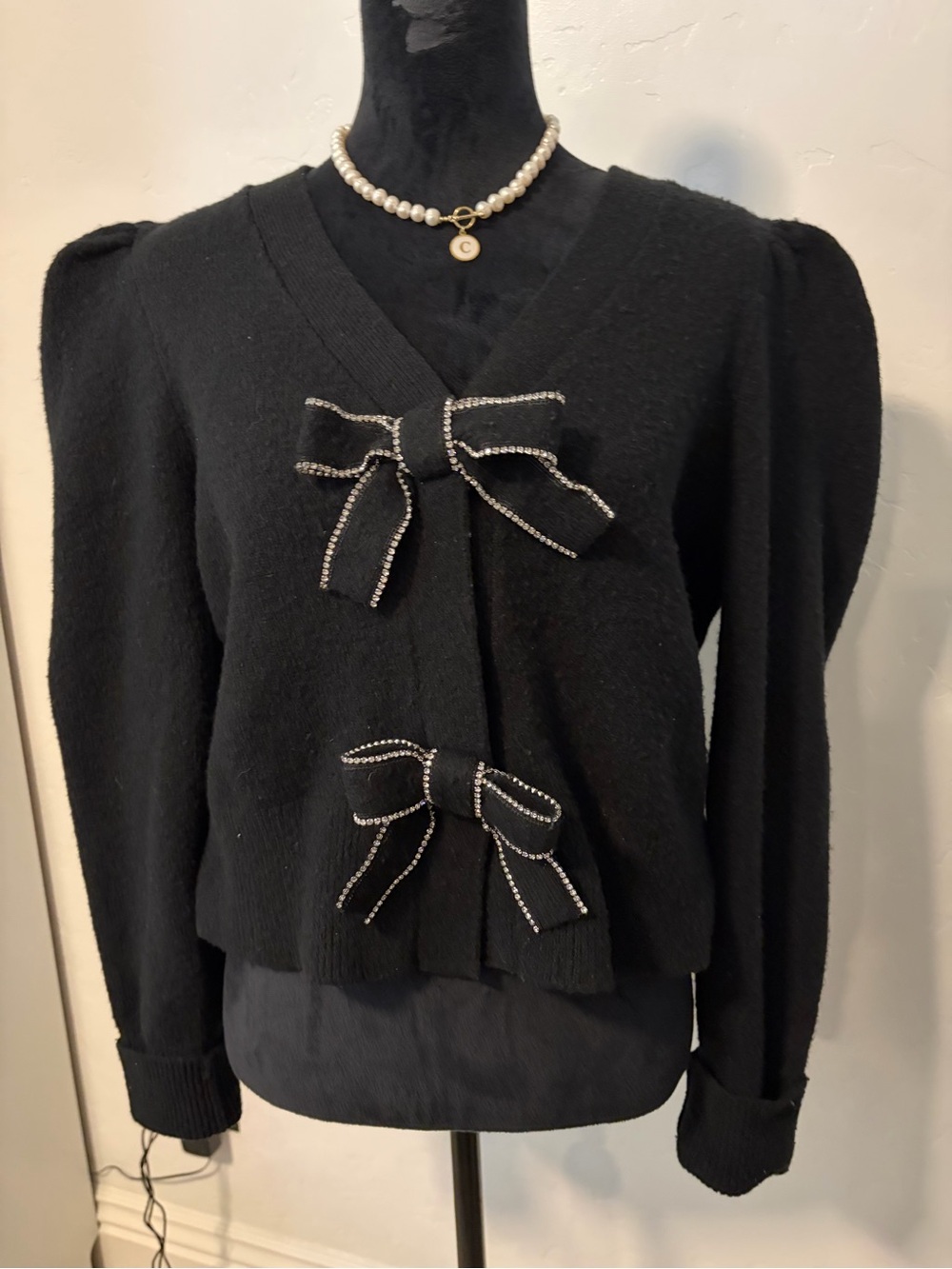 Express V-Neck Embellished Bow Cardigan Black Large